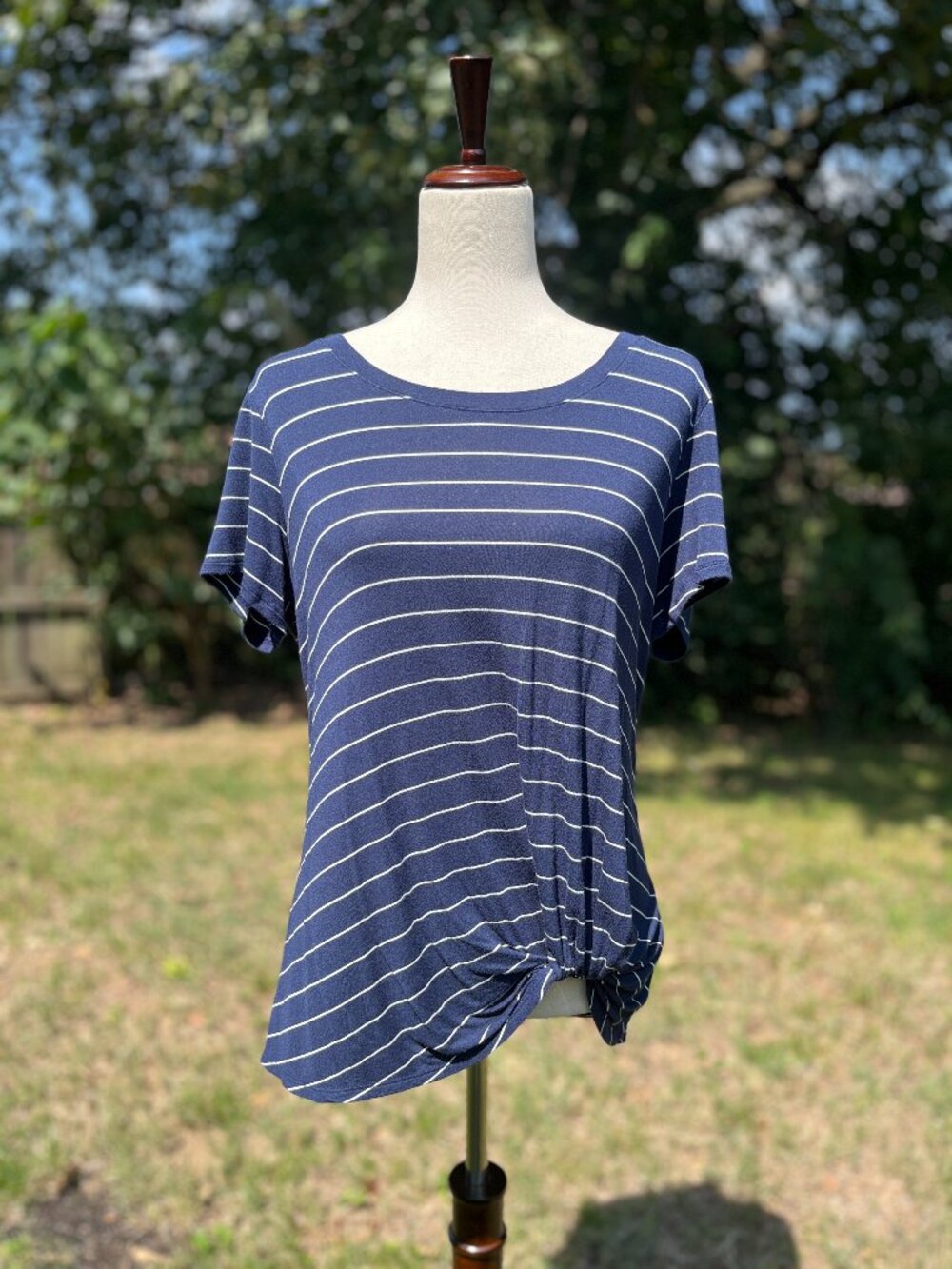 Nine Britton Blue and White Striped Levie Knot Front Knit Tee